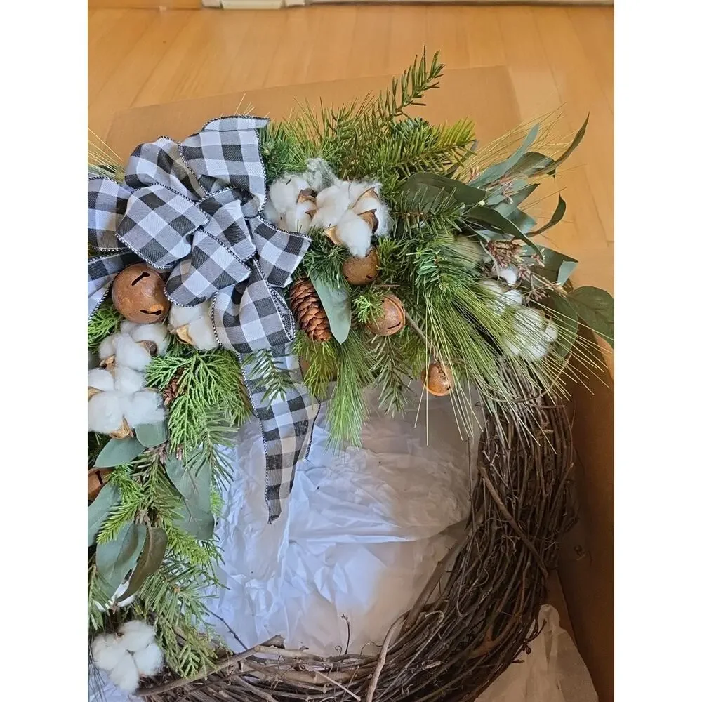 Handmade Buffalo Plaid Christmas Wreath Rusty Bells Cotton Fir Pine 23